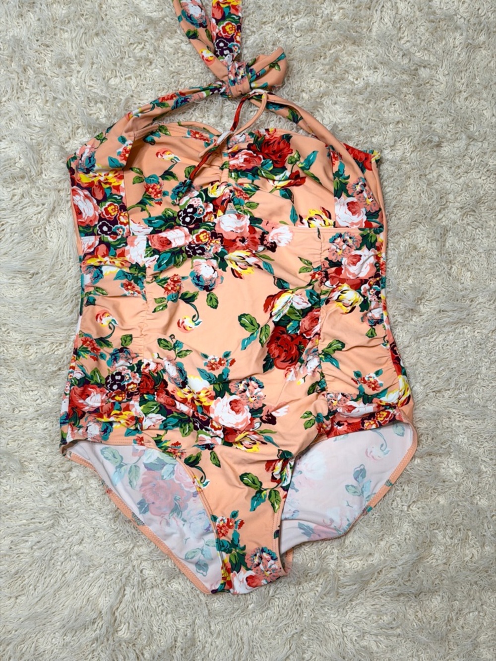 Women’s 3XL Peach Floral Halter One-Piece Swimsuit